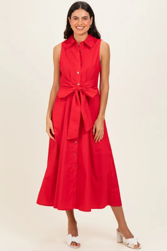 Red Button Up Sleeveless Midi Dress made by entro