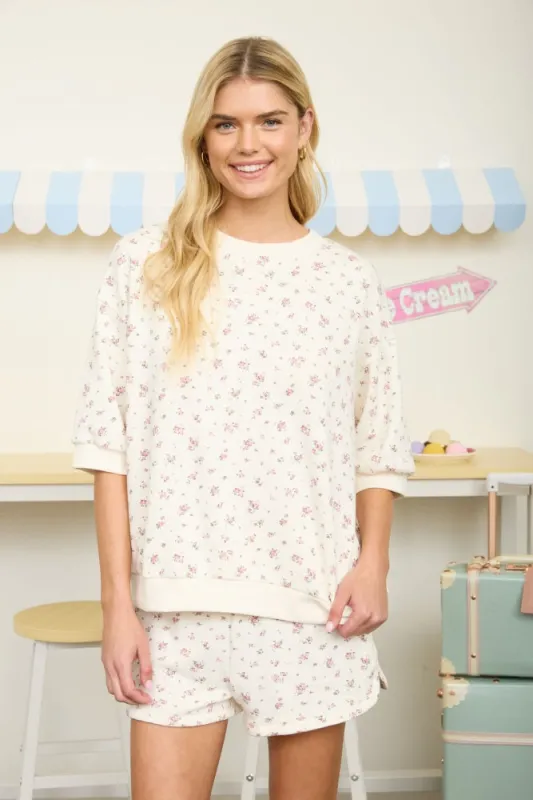 Ivory Floral Short Sleeve Pullover Top made by Blu Pepper