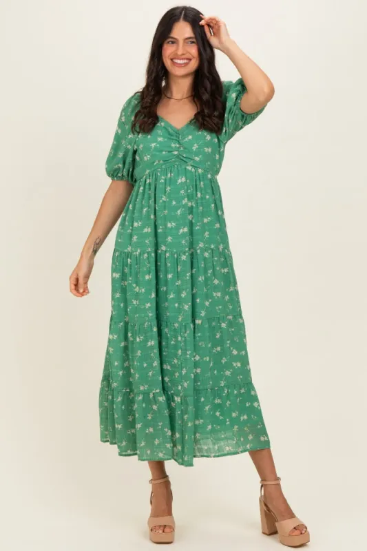Green Printed Sweetheart Neckline Tiered Dress made by Pinkblush