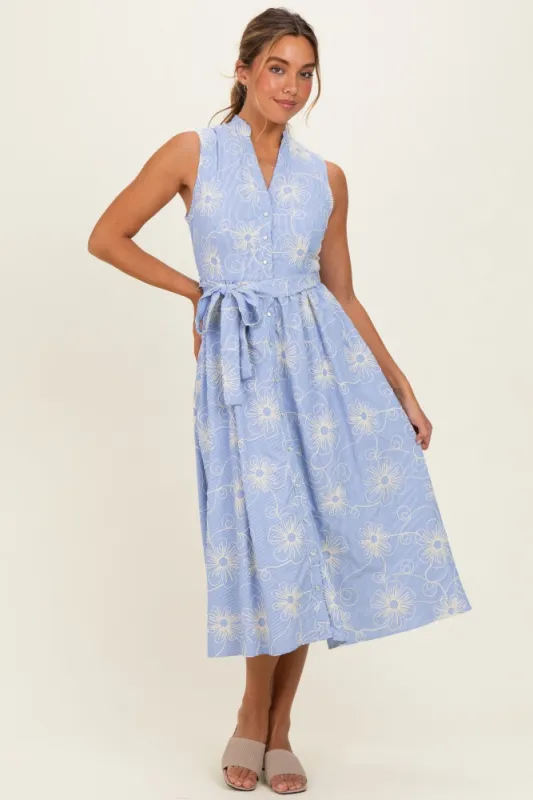 Light Blue Embroidered Sleeveless Midi Shirt Dress made by Flying Tomato