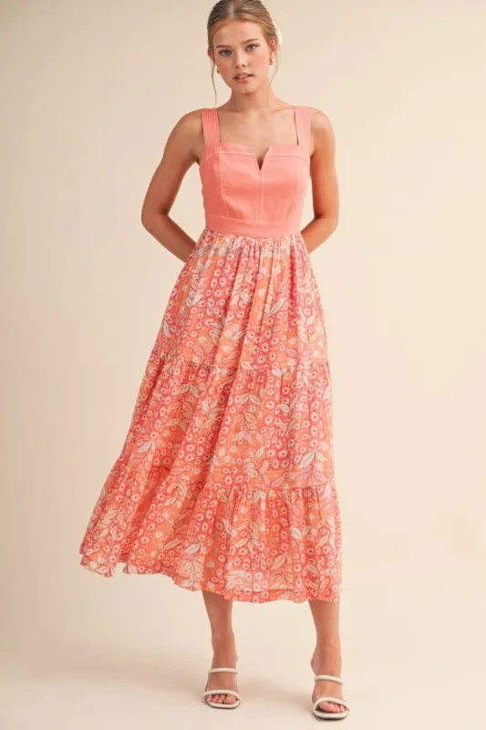 Coral Orange Colorblock Floral Tiered Midi Dress made by Pinkblush