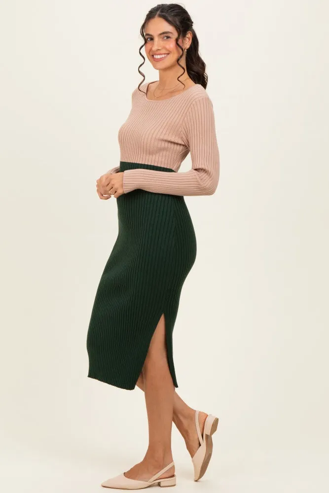 Beige Knit Colorblock Long Sleeve Midi Dress sold by Pinkblush product image thumbnail 2