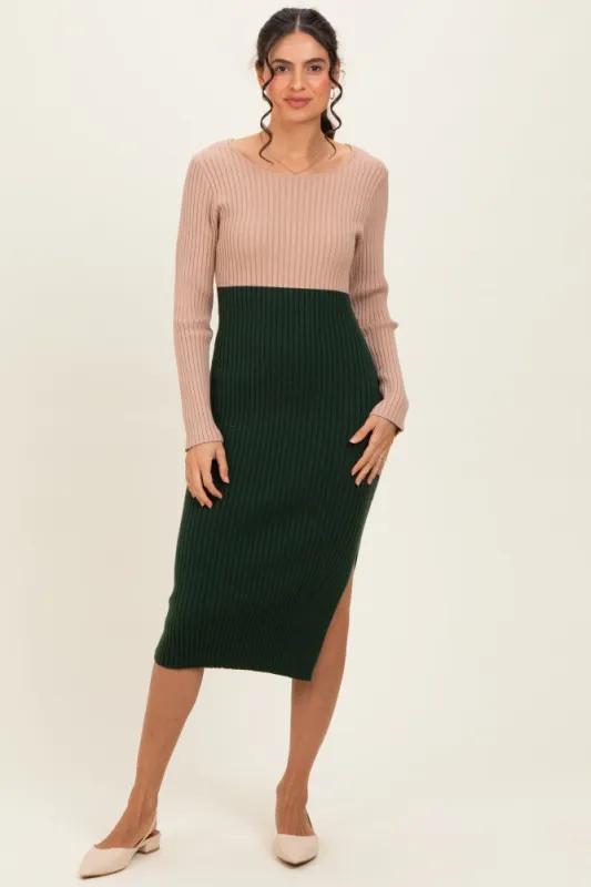 Beige Knit Colorblock Long Sleeve Midi Dress made by Pinkblush