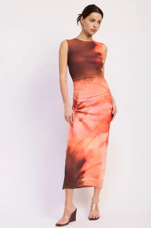 Coral Multi Tie Dye Mesh Maxi Dress With Side Ruching made by emory park