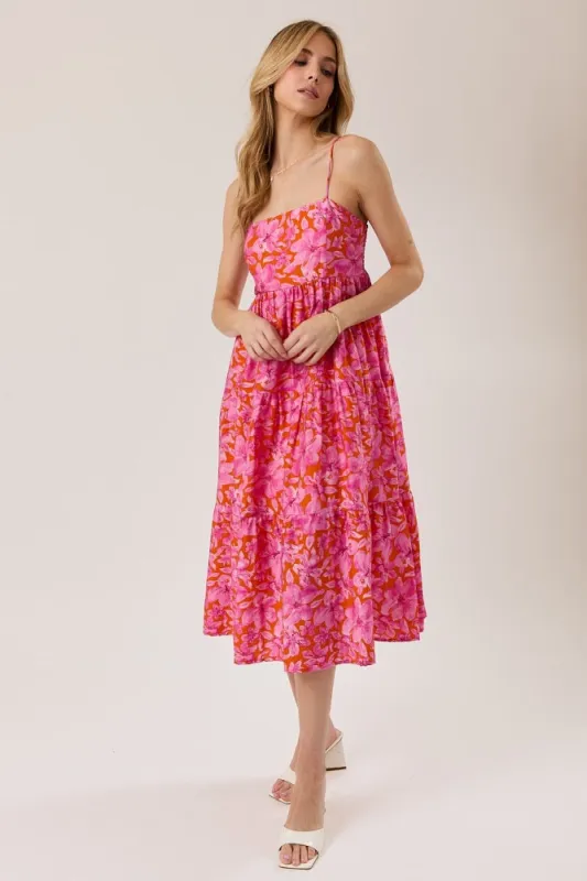 Fuchsia Floral Sleeveless Tiered Midi Dress made by Gilli