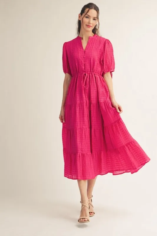 Fuchsia Drawstring Waist Tiered Midi Dress made by JODIFL