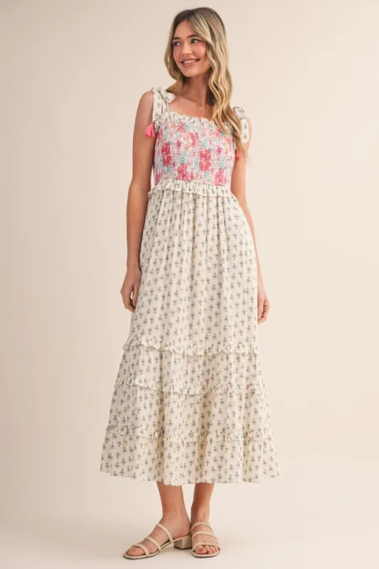 Off White Multi Floral Smocked Midi Dress made by Pinkblush