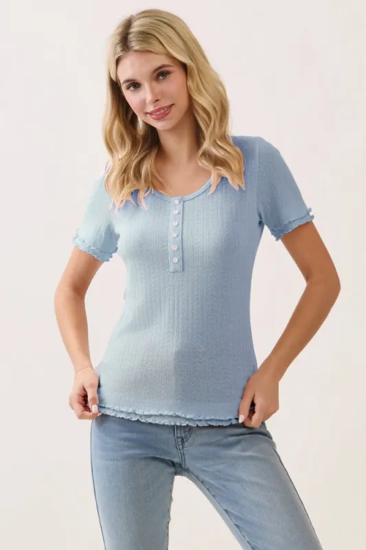 Light Blue Ruffle Trim Pointelle Knit Henley Top made by Pinkblush