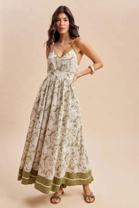 Olive Palm Printed Cutout Tie Back Maxi Dress made by Inloom