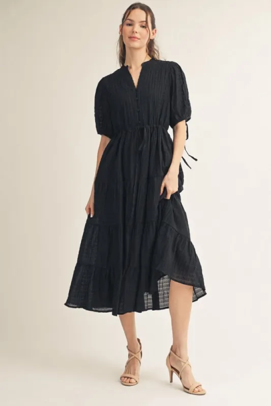 Black Drawstring Waist Tiered Midi Dress made by JODIFL