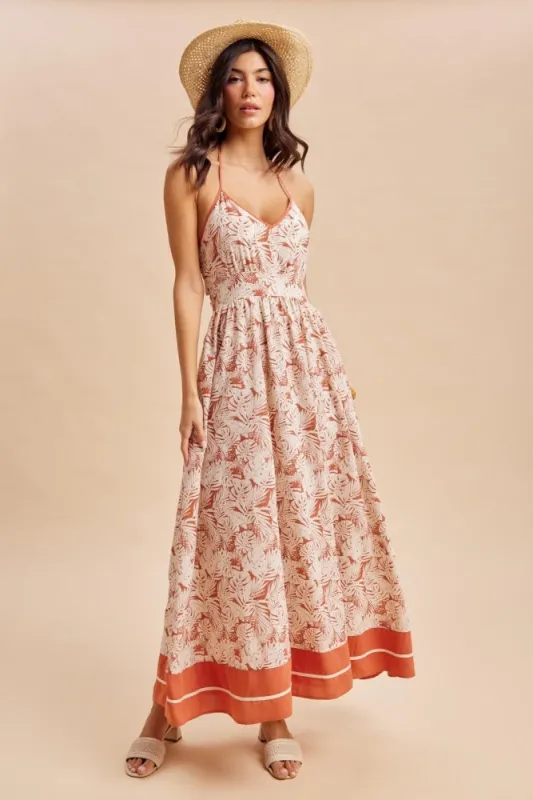 Terracotta Printed Cutout Tie Back Maxi Dress made by Inloom