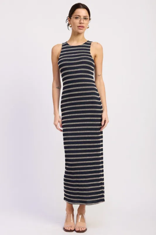 Navy Ribbed Striped Fitted Maxi Dress made by emory park