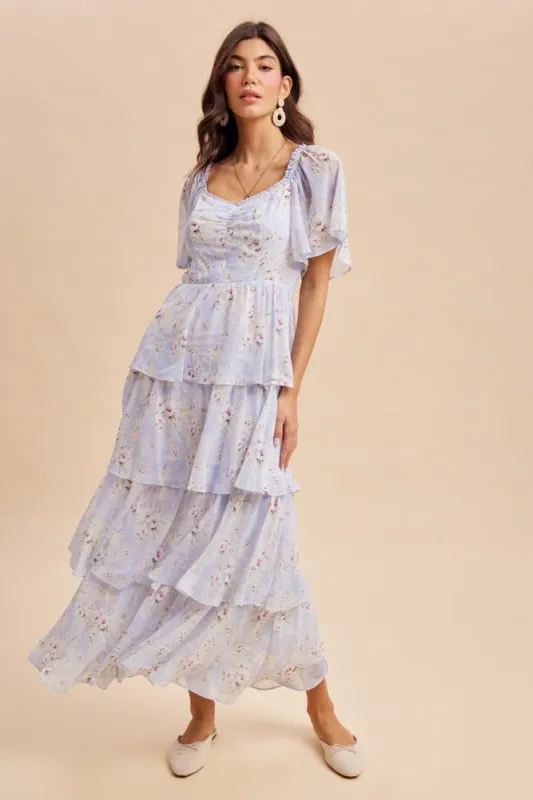Periwinkle Floral Flounce Tiered Maxi Dress made by Inloom