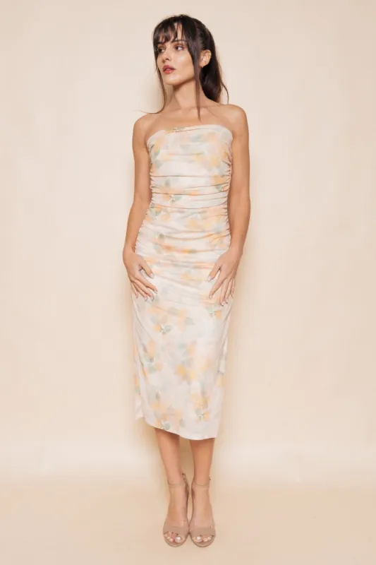 Yellow Floral Mesh Ruched Strapless Midi Dress made by Fore Collection