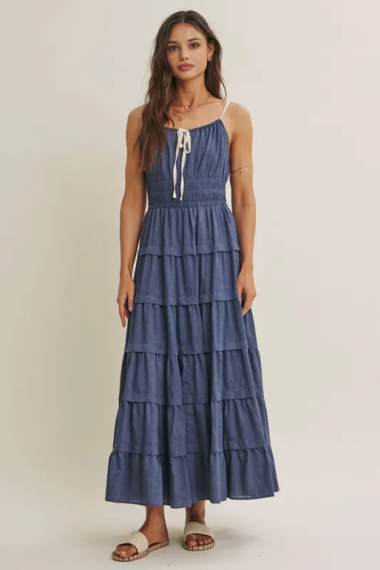 Denim Blue Smocked Waist Tiered Maxi Dress made by In February