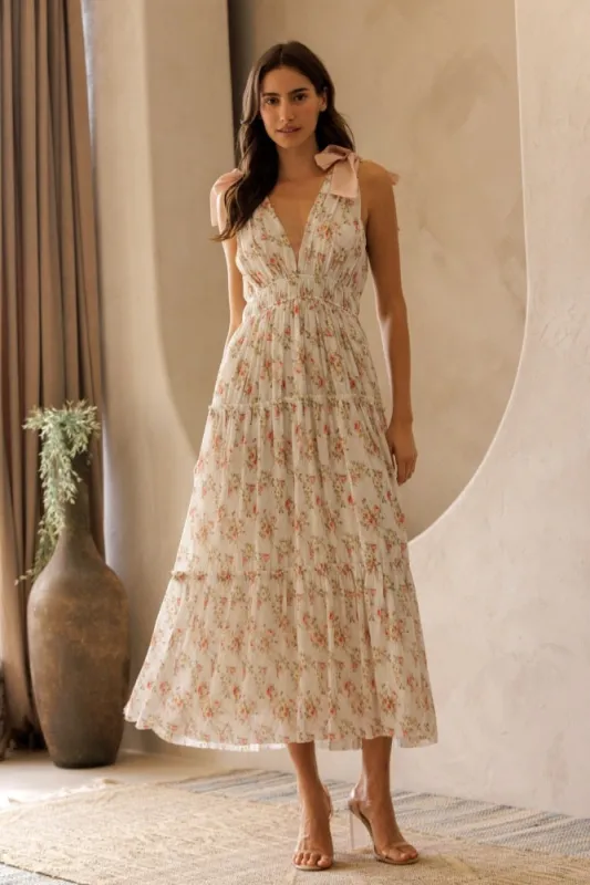 White Floral Shoulder Tie Deep V-Neck Tiered Maxi Dress made by Storia