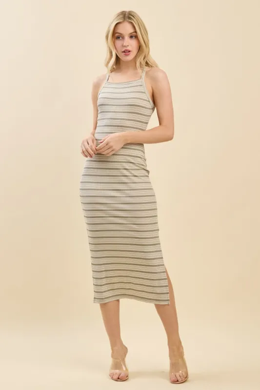 Olive Striped Crisscross Back Dress made by Pinkblush