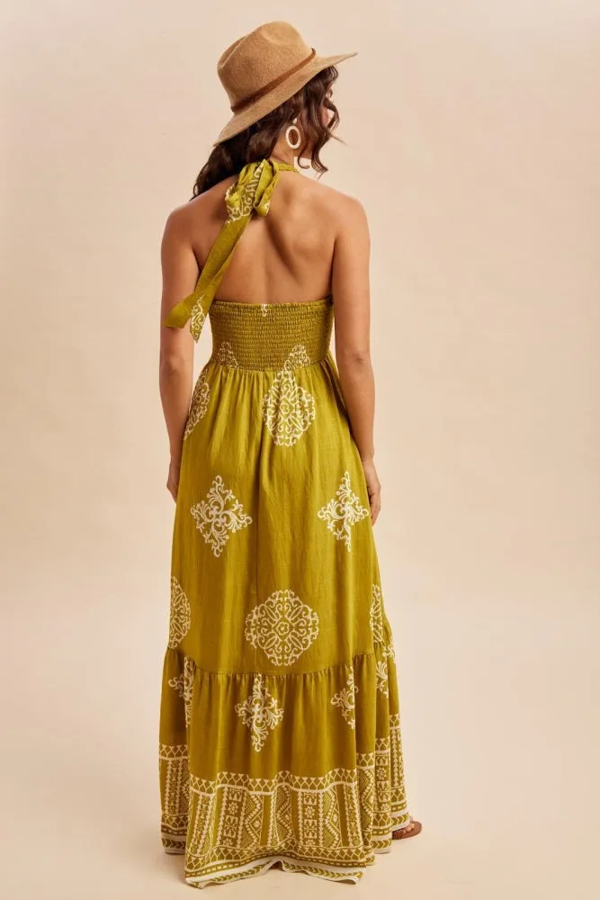 Olive Palm Printed Smocked Halter Maxi Dress sold by Pinkblush product image thumbnail 4