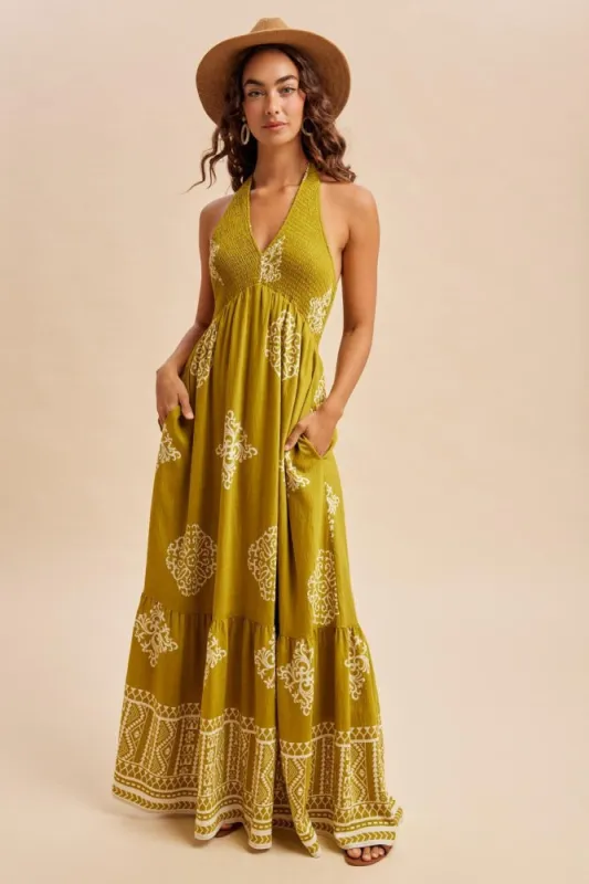 Olive Palm Printed Smocked Halter Maxi Dress made by Inloom