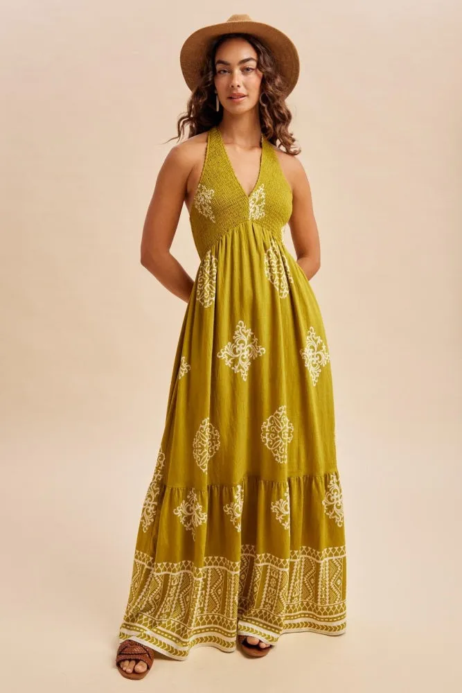 Olive Palm Printed Smocked Halter Maxi Dress sold by Pinkblush product image thumbnail 2