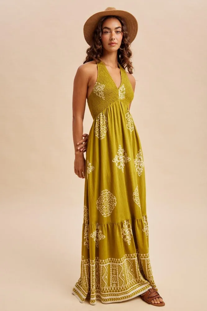 Olive Palm Printed Smocked Halter Maxi Dress sold by Pinkblush product image thumbnail 3