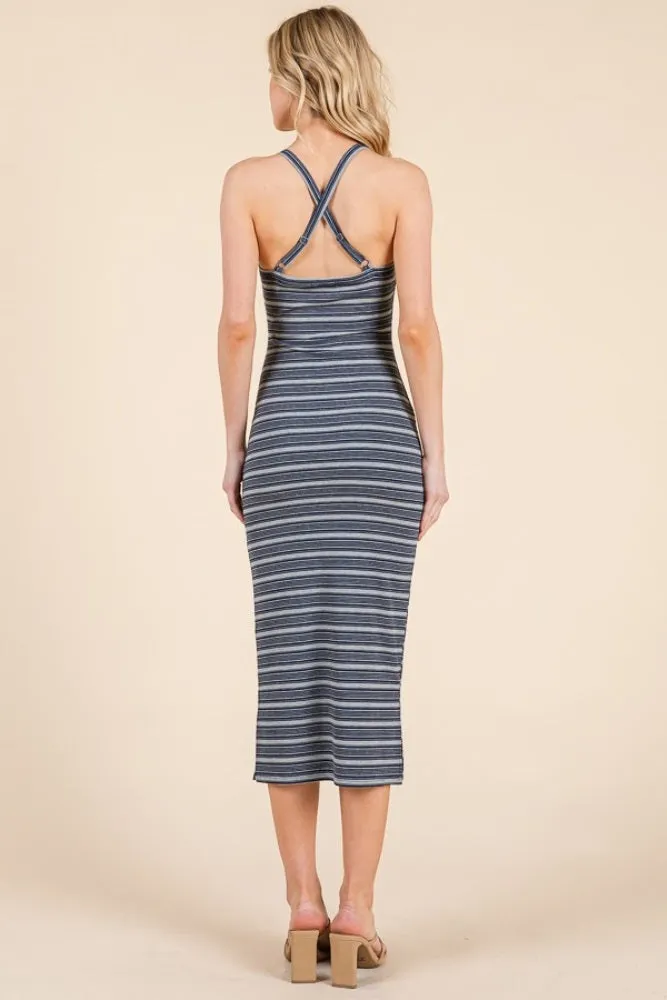 Heather Grey Navy Striped Crisscross Back Dress sold by Pinkblush product image thumbnail 3