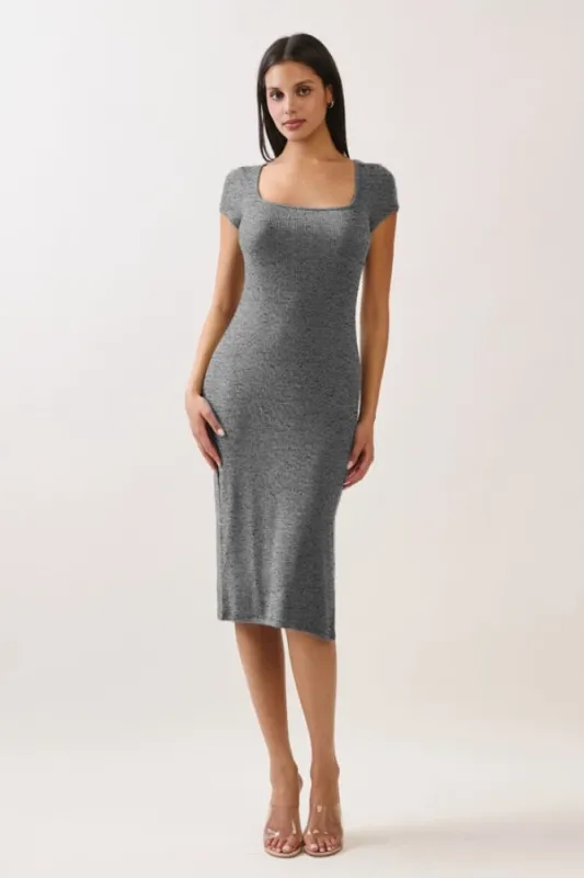 Light Charcoal Square Neck Side Slit Midi Dress made by Pinkblush