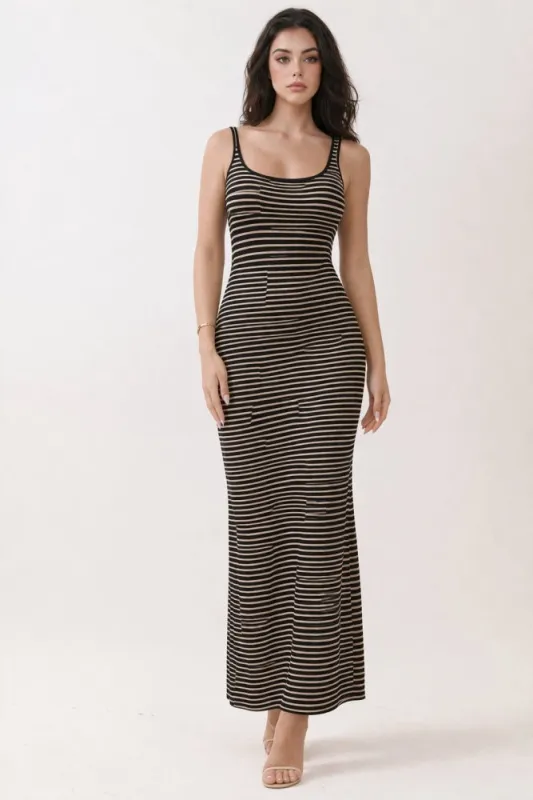 Black Beige Sleeveless Striped Maxi Dress made by Pinkblush
