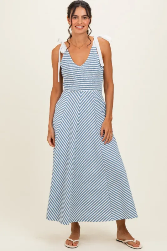 Light Blue Striped Smocked Shoulder Tie Midi Dress made by entro
