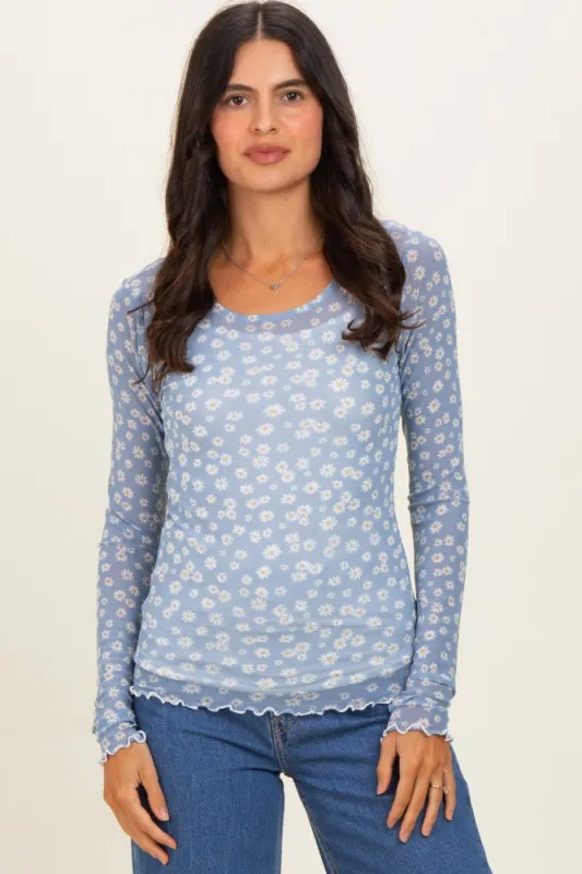 Blue Daisy Print Mesh Long Sleeve Sheer Top made by Hem & Thread