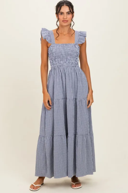Navy Gingham Ruffle Strap Smocked Maxi Dress made by She and Sky