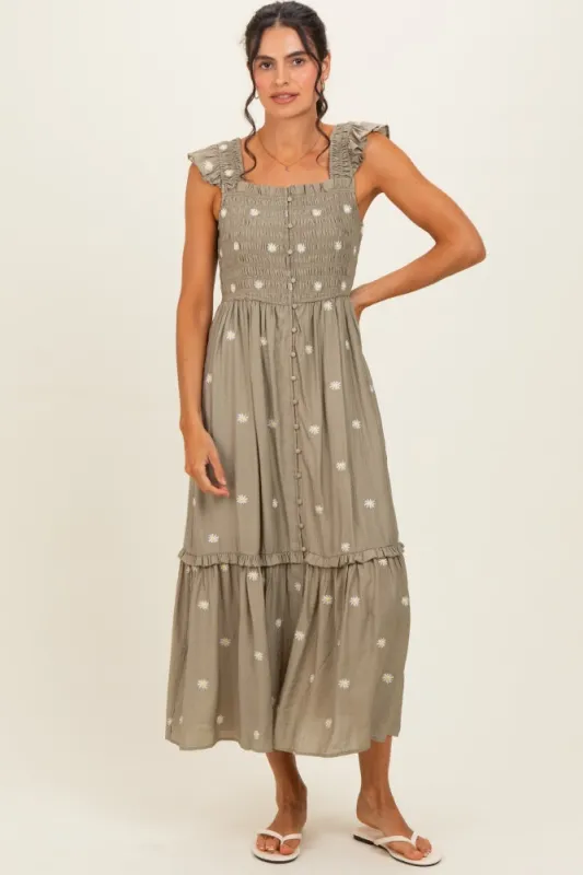 Olive Embroidered Ruffle Strap Smocked Maxi Dress made by Hem & Thread