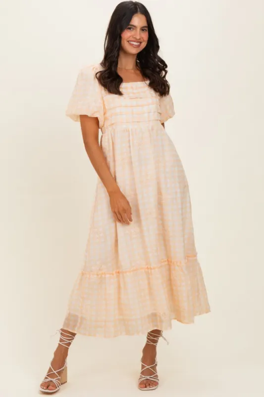 Yellow Gingham Pleated Square Neck Midi Dress made by Polagram