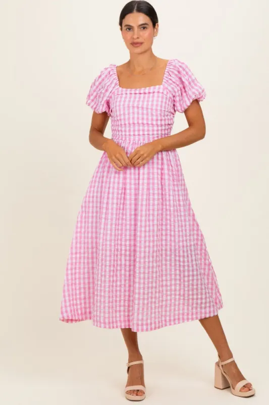Pink Gingham Puff Sleeve Midi Dress made by So Me
