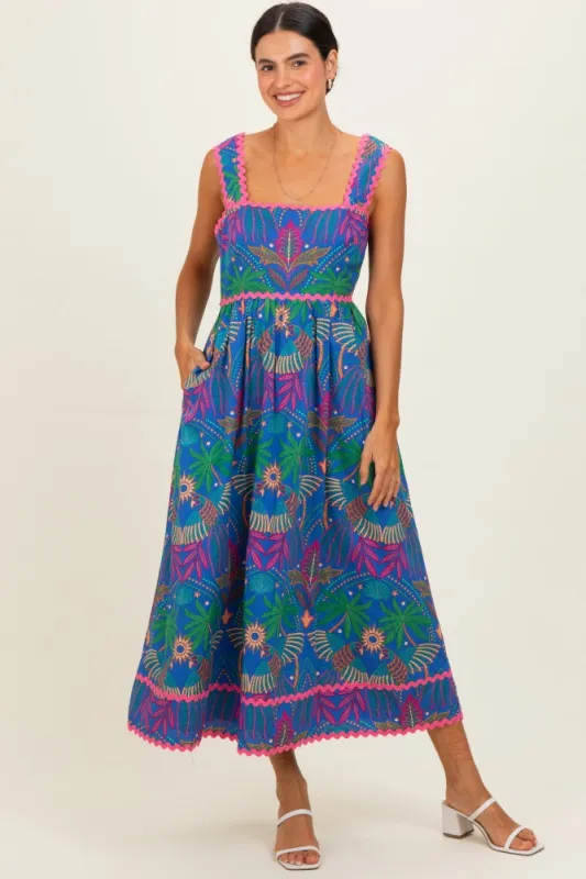 Navy Tropical Embroidery Midi Dress made by Sugarlips