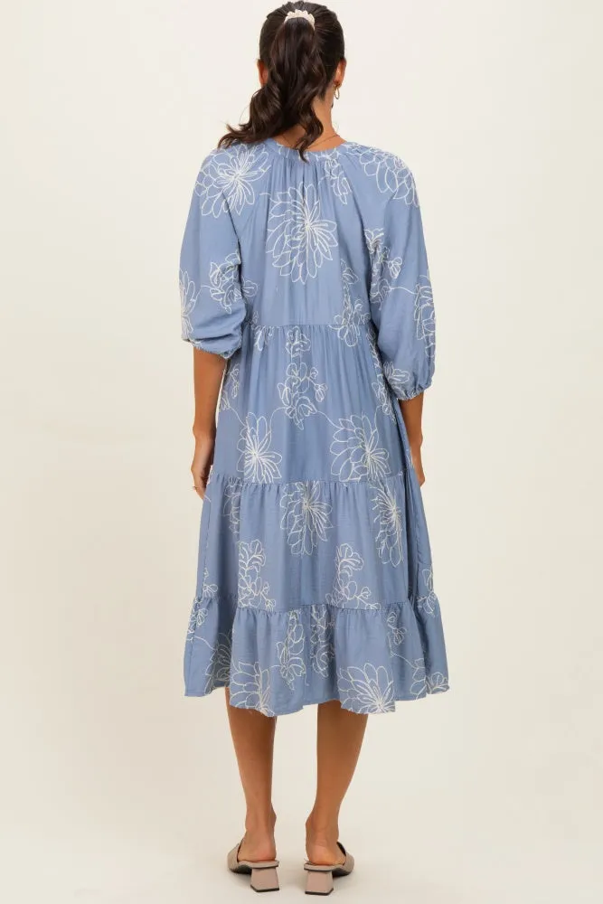 Blue Embroidered Tiered Midi Shirt Dress sold by Pinkblush product image thumbnail 3