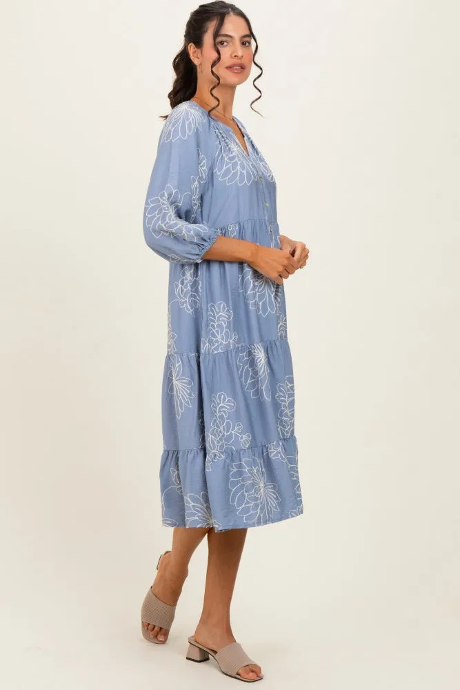 Blue Embroidered Tiered Midi Shirt Dress sold by Pinkblush product image thumbnail 2