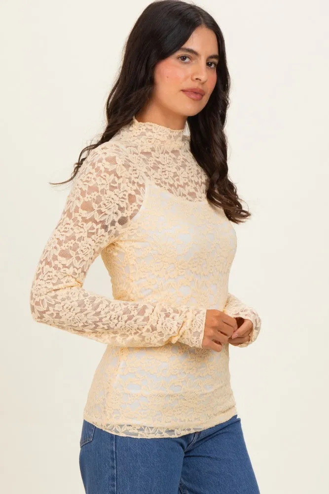 Butter Yellow High Neck Fitted Sheer Lace Top sold by Pinkblush product image thumbnail 3