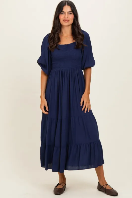 Navy Smocked Puffed Sleeve Maxi Dress made by Angie
