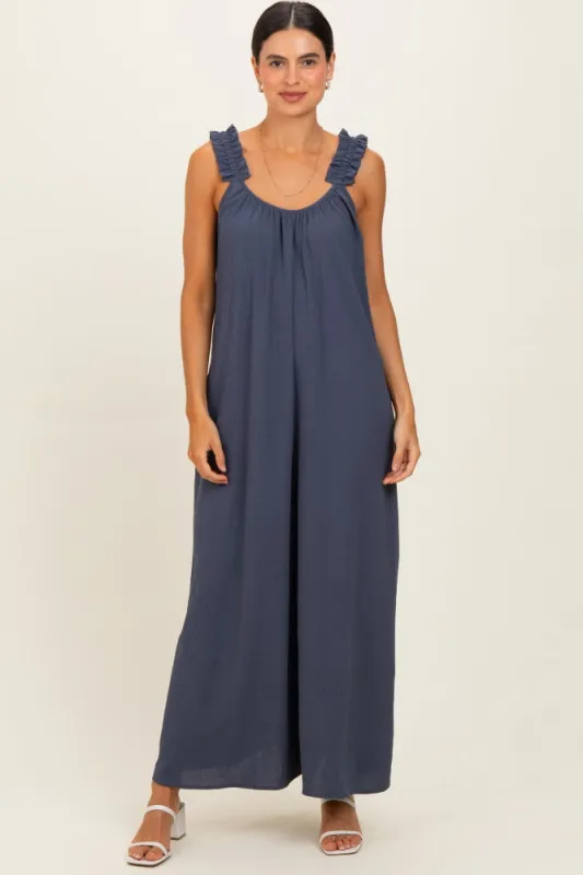 Navy Ruffle Strap Wide Leg Jumpsuit made by Pinkblush
