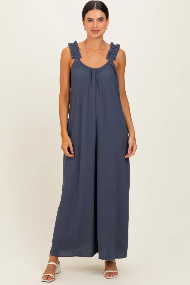Navy Ruffle Strap Wide Leg Jumpsuit sold by Pinkblush