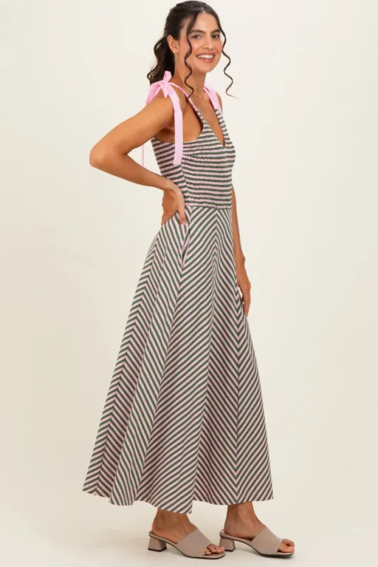 Olive Striped Smocked Shoulder Tie Midi Dress made by entro