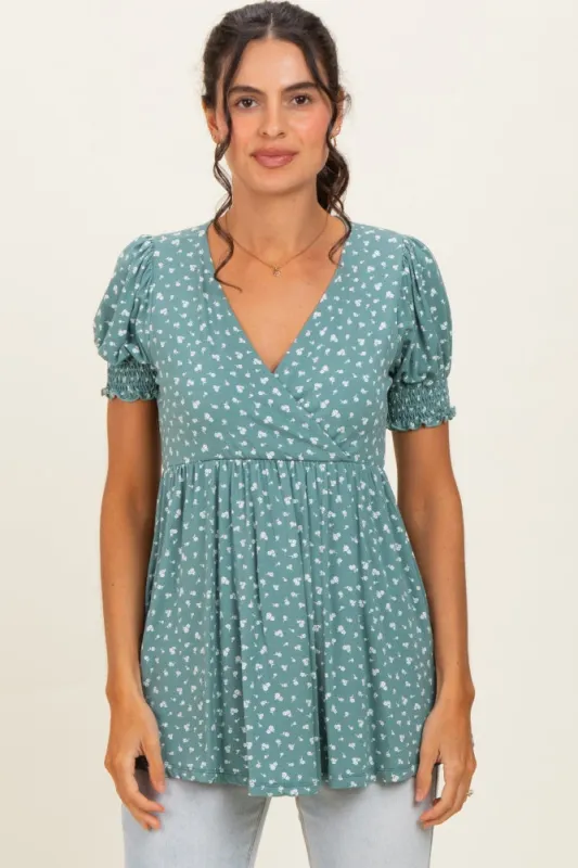 Olive Ditsy Floral Smocked Sleeve Wrap Top made by Pinkblush
