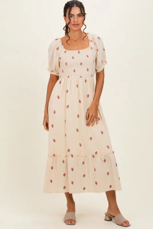 Cream Embroidered Smocked Midi Dress made by Polagram