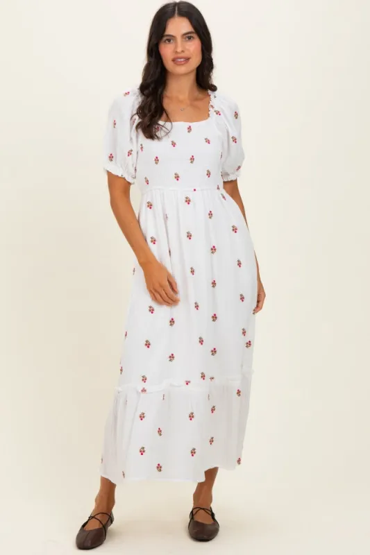 Ivory Embroidered Smocked Midi Dress made by Polagram
