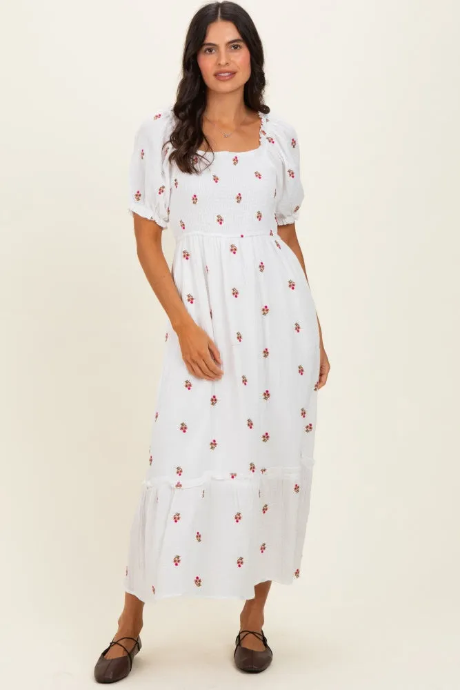 Ivory Embroidered Smocked Midi Dress sold by Pinkblush
