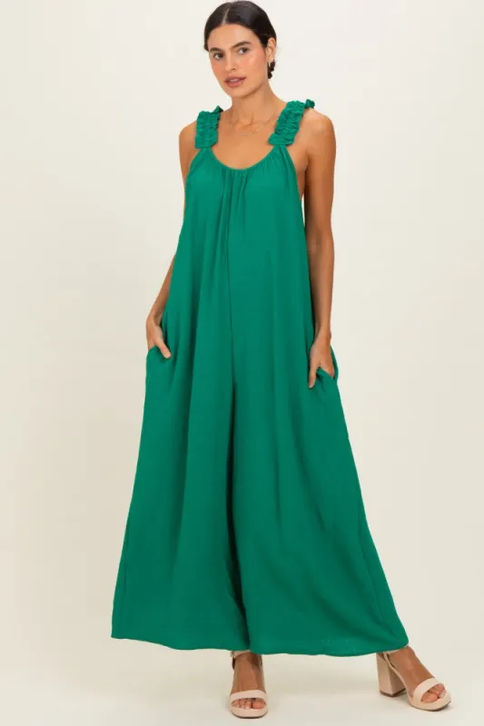 Green Ruffle Strap Wide Leg Jumpsuit made by Pinkblush