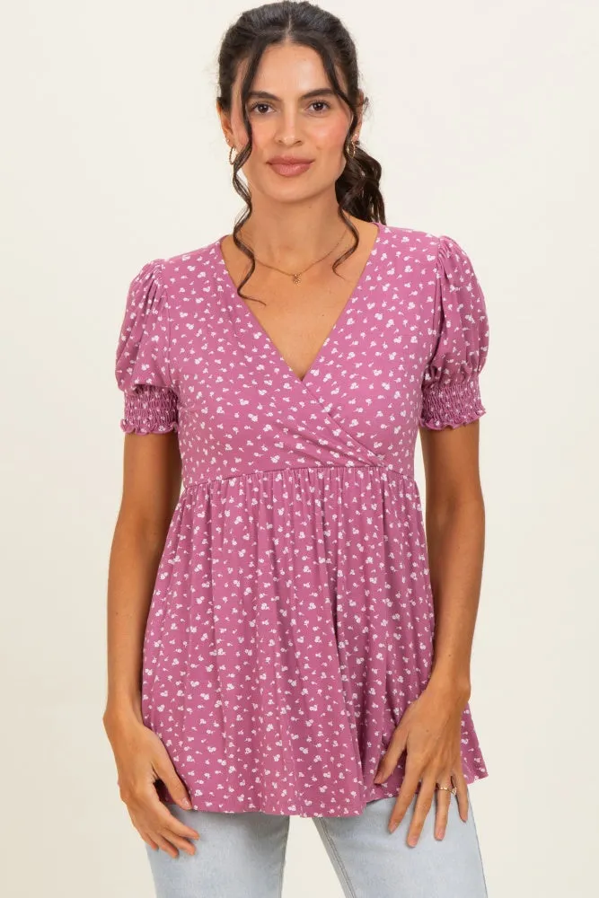 Mauve Ditsy Floral Smocked Sleeve Wrap Top sold by Pinkblush