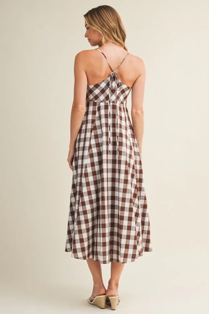 Chocolate Gingham Tie Front Racerback Midi Dress sold by Pinkblush product image thumbnail 4