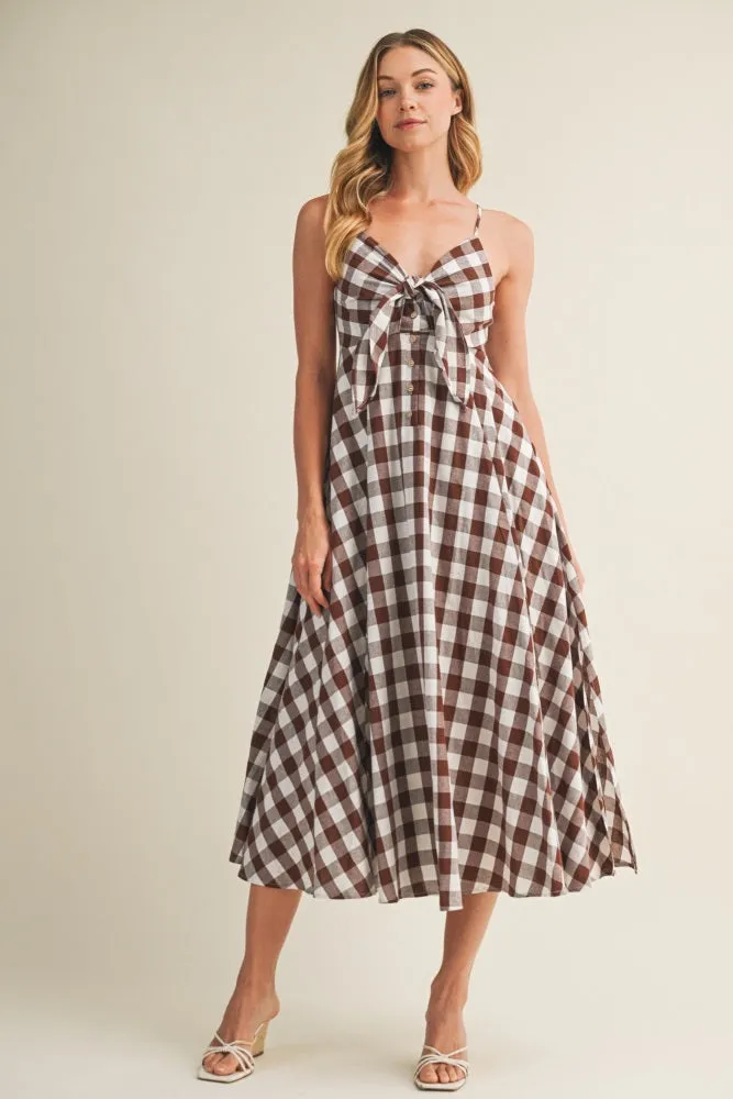 Chocolate Gingham Tie Front Racerback Midi Dress sold by Pinkblush